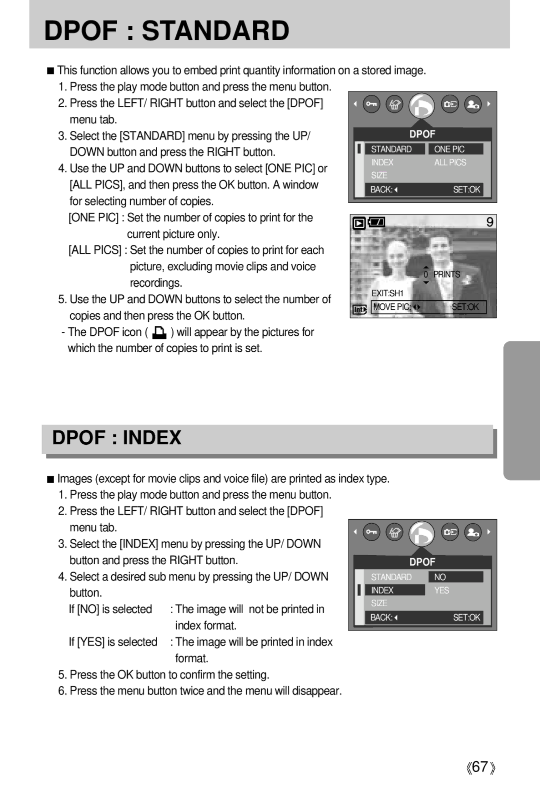 Samsung EC-A5ZZZSBA/E1 manual Menu tab Select the Standard menu by pressing the UP, Down button and press the Right button 