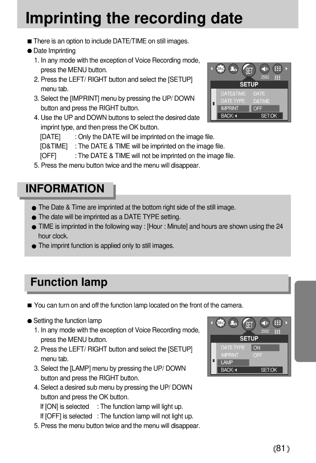 Samsung EC-A50ZZSBA/FR manual Imprinting the recording date, Function lamp, Imprint type, and then press the OK button 