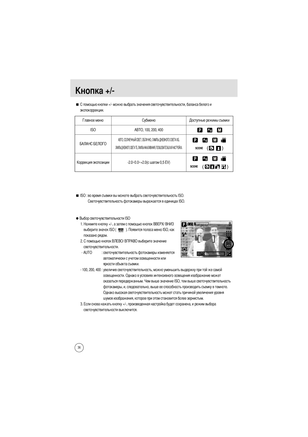 Samsung EC-A50ZZSBA/FR, EC-A5ZZZSAB, EC-A5ZZZSAA, EC-V50ZZSAA manual Экспокоррекции, Светочувствительности выключится 