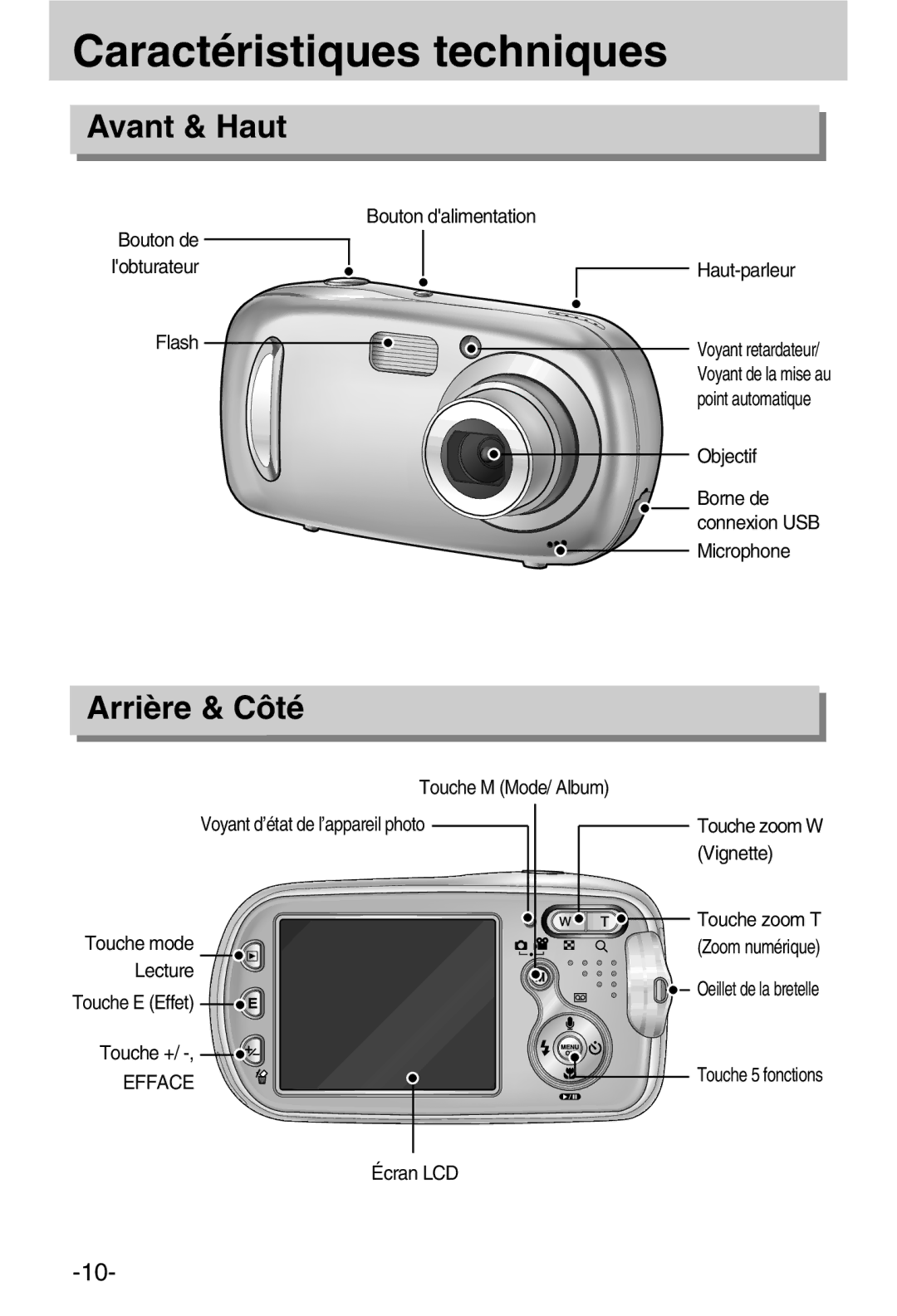 Samsung EC-A50ZZSBA/FR manual Caractéristiques techniques, Avant & Haut, Arrière & Côté, Efface 