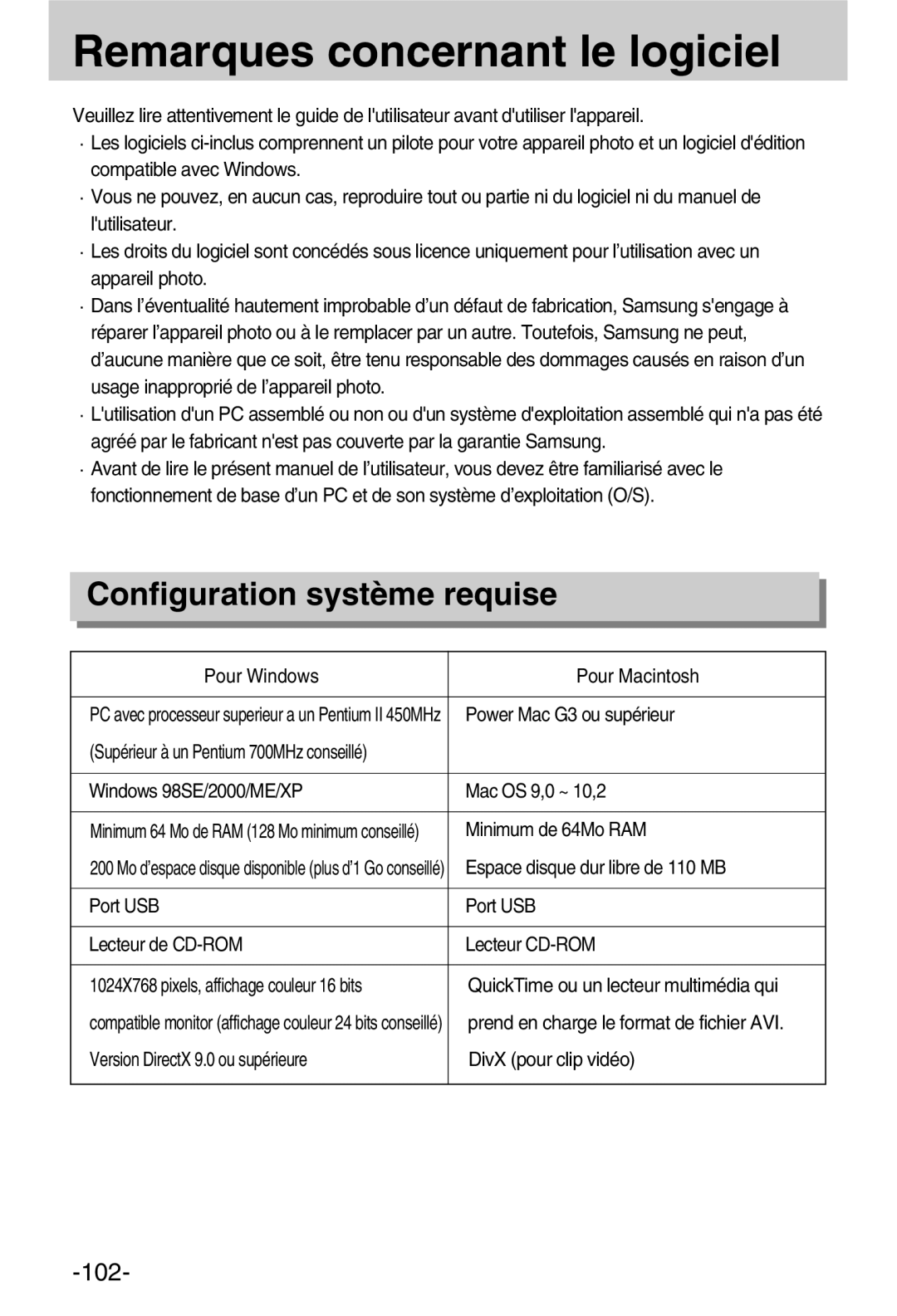 Samsung EC-A50ZZSBA/FR manual Remarques concernant le logiciel, Configuration système requise 