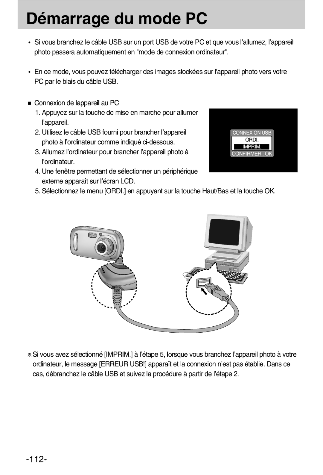 Samsung EC-A50ZZSBA/FR manual Démarrage du mode PC 