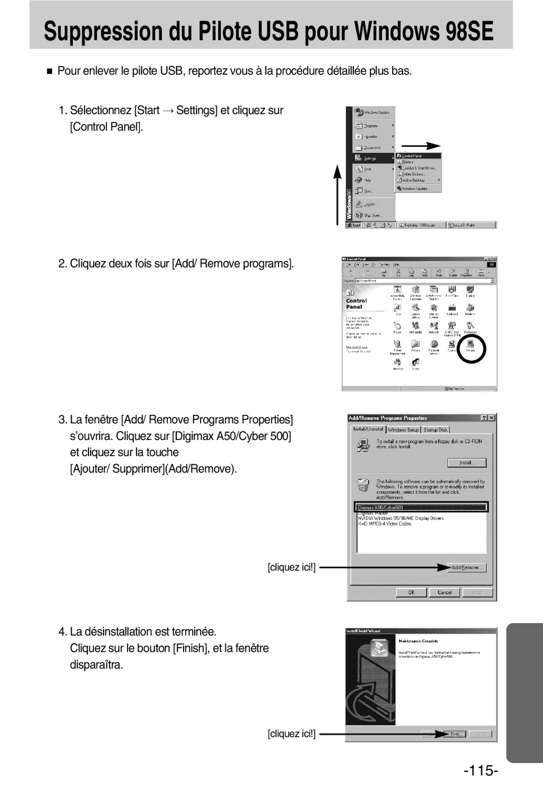 Samsung EC-A50ZZSBA/FR manual Suppression du Pilote USB pour Windows 98SE 