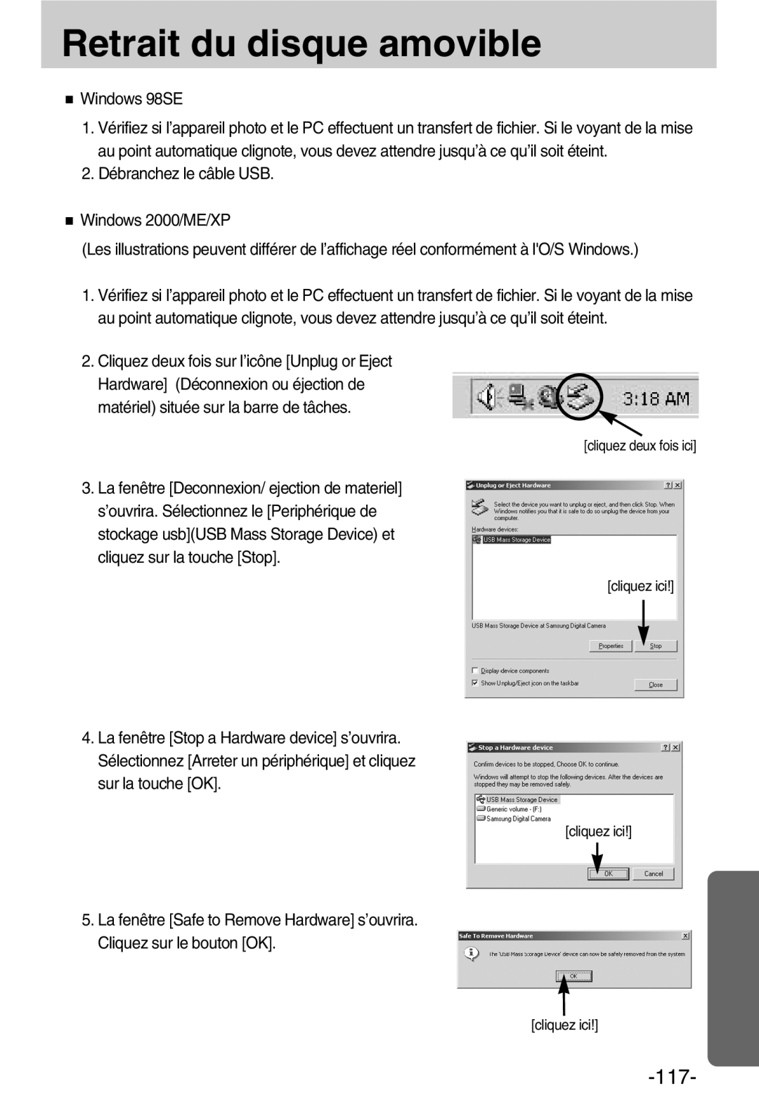 Samsung EC-A50ZZSBA/FR manual Retrait du disque amovible, Windows 98SE 