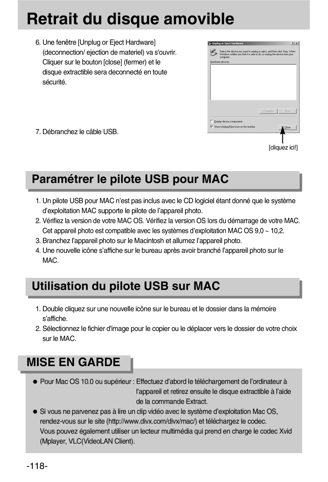 Samsung EC-A50ZZSBA/FR manual Paramétrer le pilote USB pour MAC, Utilisation du pilote USB sur MAC 