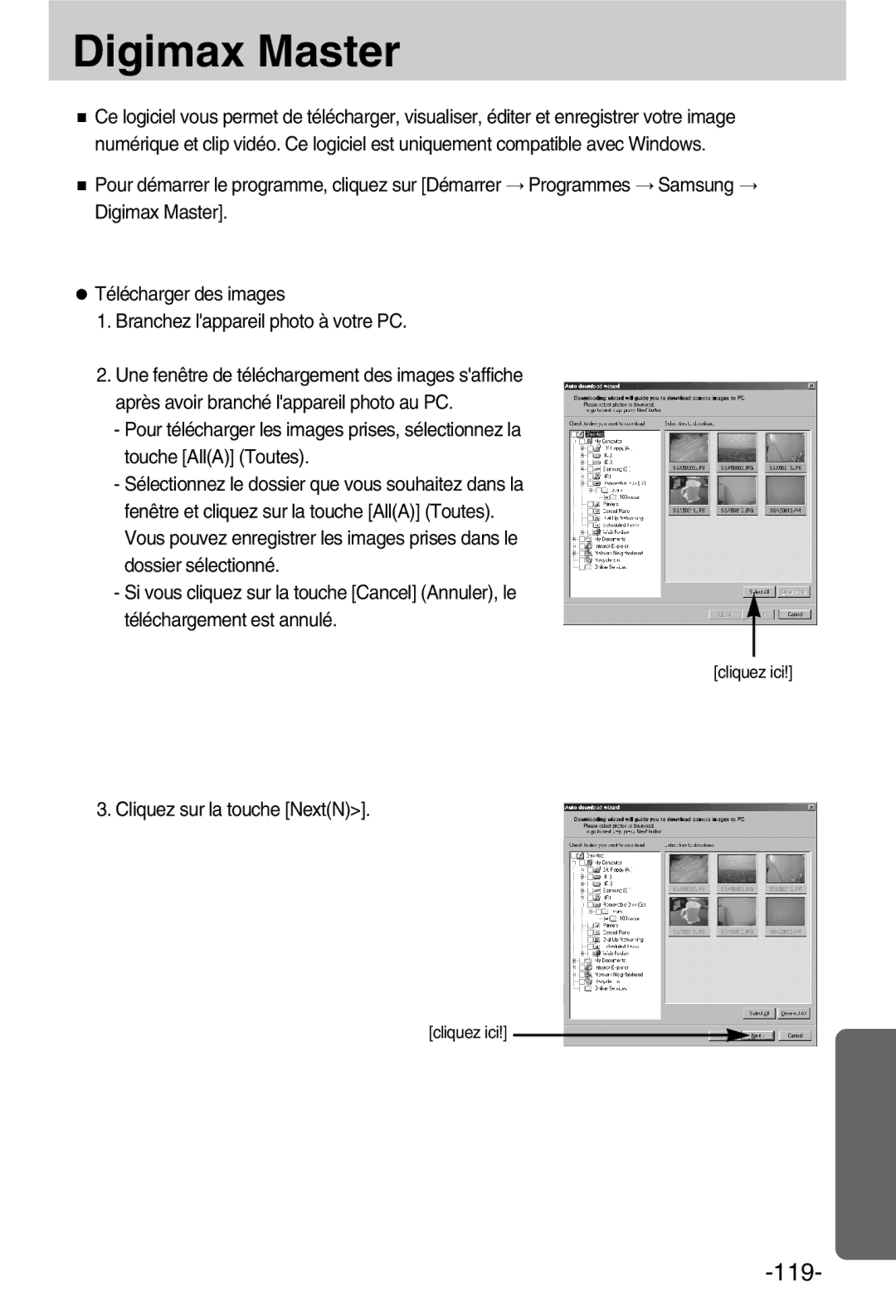 Samsung EC-A50ZZSBA/FR manual Digimax Master, Cliquez sur la touche NextN 