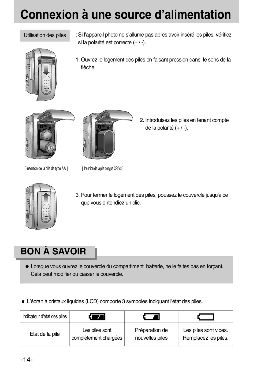 Samsung EC-A50ZZSBA/FR manual Utilisation des piles, Si la polarité est correcte +, Flèche, Préparation de, Nouvelles piles 