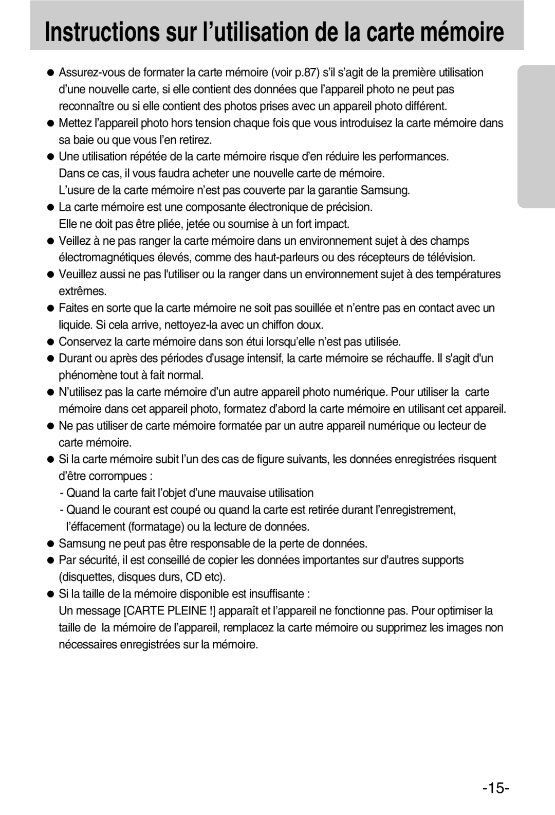 Samsung EC-A50ZZSBA/FR manual Instructions sur l’utilisation de la carte mémoire 