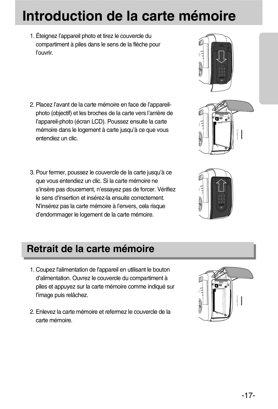 Samsung EC-A50ZZSBA/FR manual Introduction de la carte mémoire, Retrait de la carte mémoire 