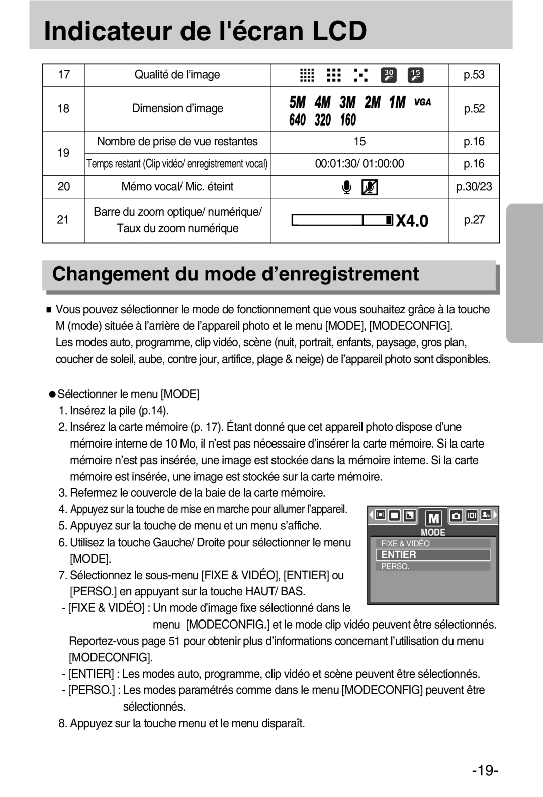 Samsung EC-A50ZZSBA/FR manual Changement du mode d’enregistrement, 000130, Sélectionner le menu Mode Insérez la pile p.14 