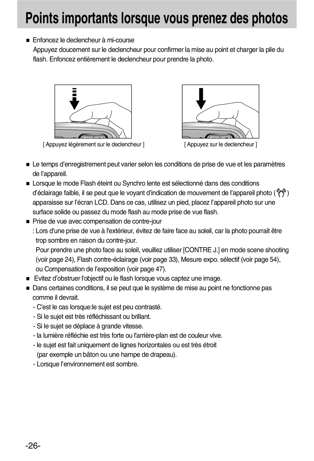 Samsung EC-A50ZZSBA/FR manual Enfoncez le declencheur à mi-course, Lorsque l’environnement est sombre 