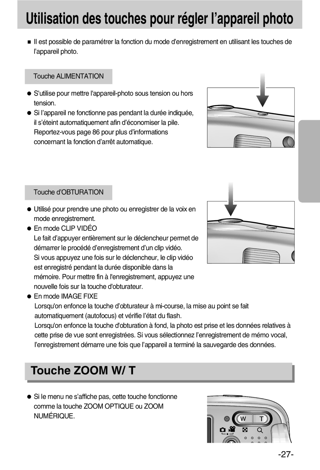 Samsung EC-A50ZZSBA/FR manual Utilisation des touches pour régler l’appareil photo, Touche Zoom W/ T 