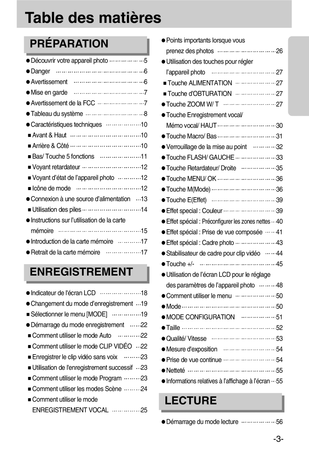 Samsung EC-A50ZZSBA/FR Table des matières, Points importants lorsque vous Prenez des photos, Touche +, Mode Configuration 