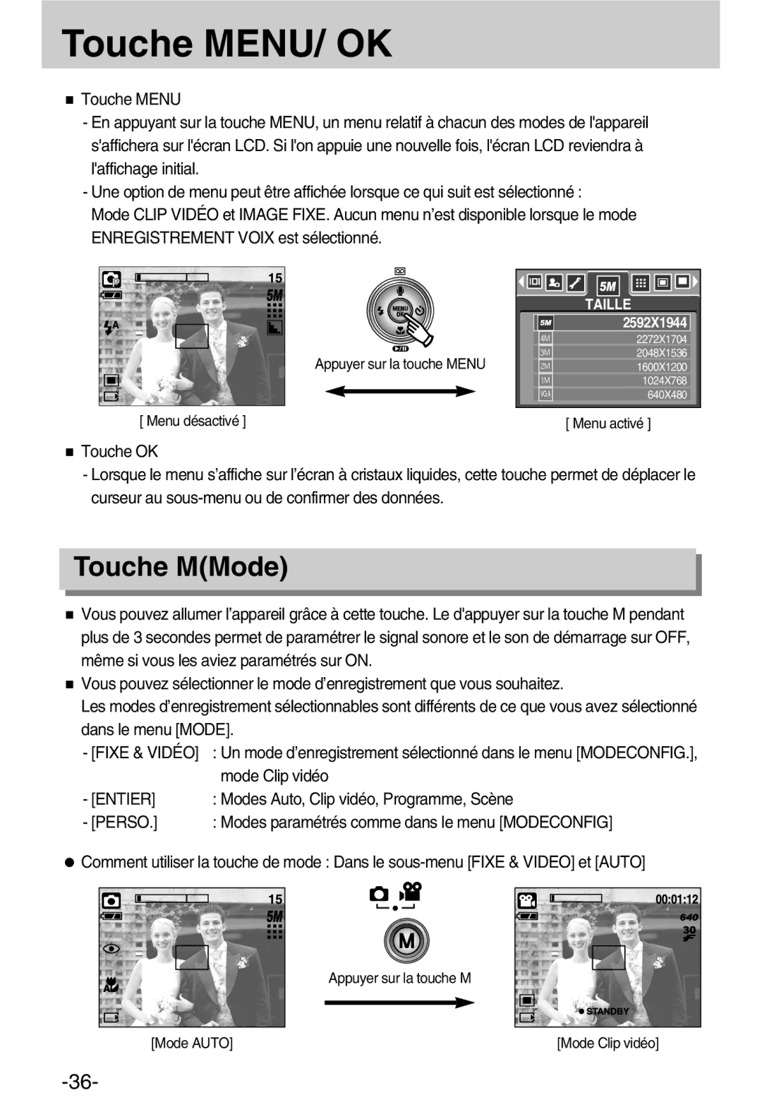 Samsung EC-A50ZZSBA/FR manual Touche MENU/ OK, Touche MMode, Fixe & Vidéo, Entier 