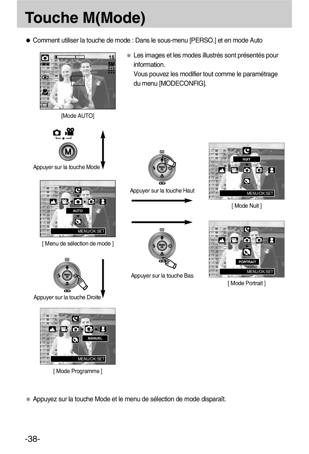 Samsung EC-A50ZZSBA/FR manual Menu de sélection de mode Appuyer sur la touche Droite 