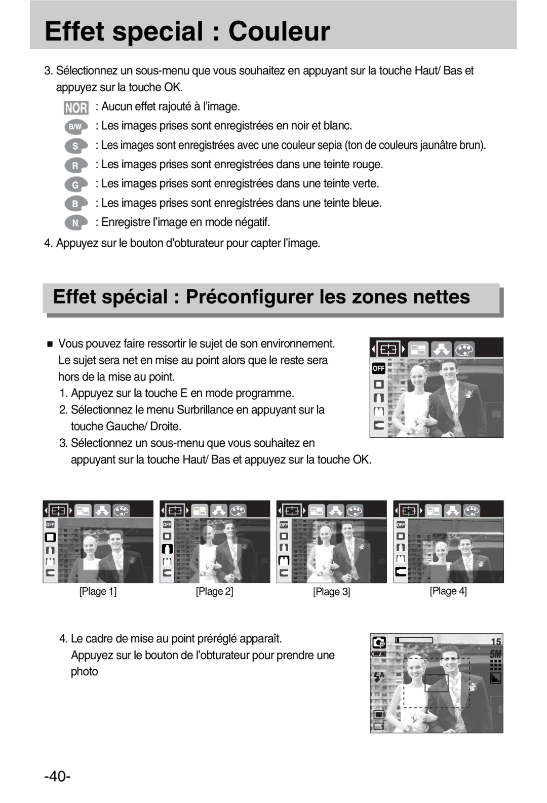 Samsung EC-A50ZZSBA/FR manual Effet special Couleur, Effet spécial Préconfigurer les zones nettes 