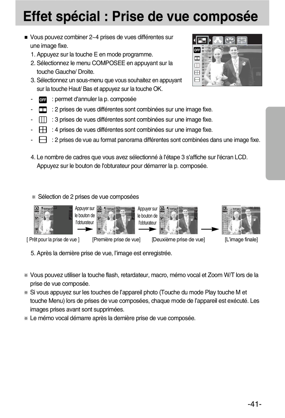 Samsung EC-A50ZZSBA/FR manual Effet spécial Prise de vue composée, Sélection de 2 prises de vue composées 