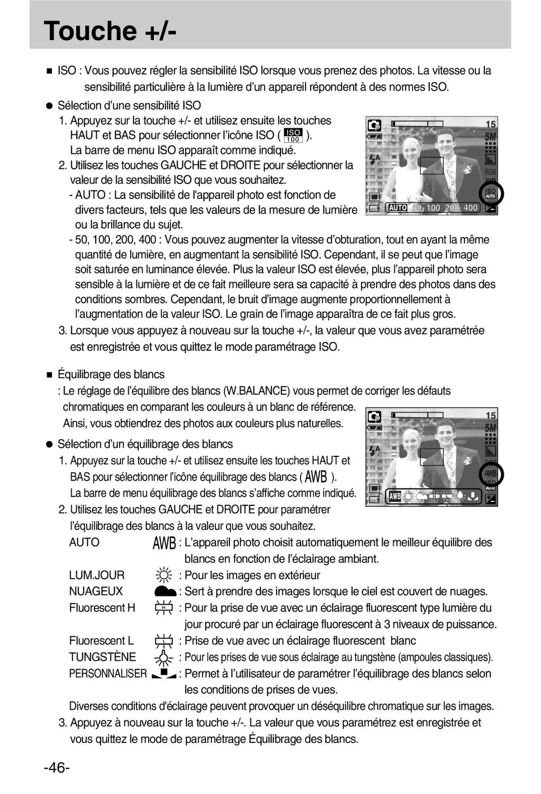 Samsung EC-A50ZZSBA/FR manual Auto, Lum.Jour, Nuageux, Tungstène, Personnaliser 