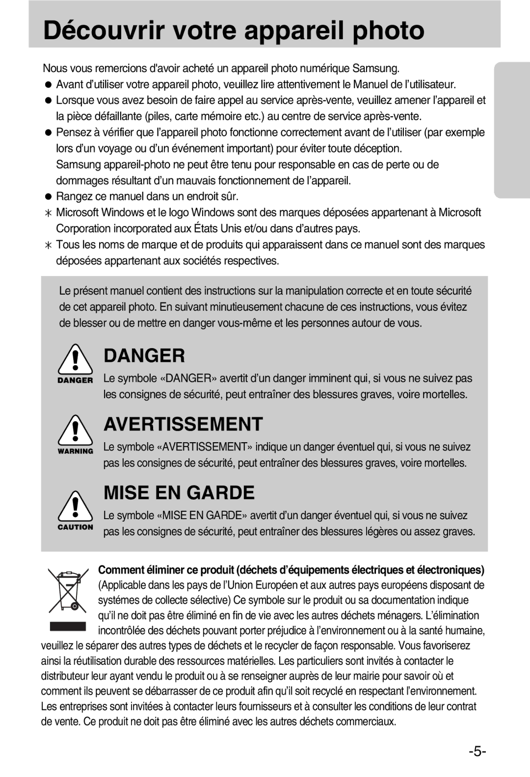 Samsung EC-A50ZZSBA/FR manual Découvrir votre appareil photo, Avertissement 