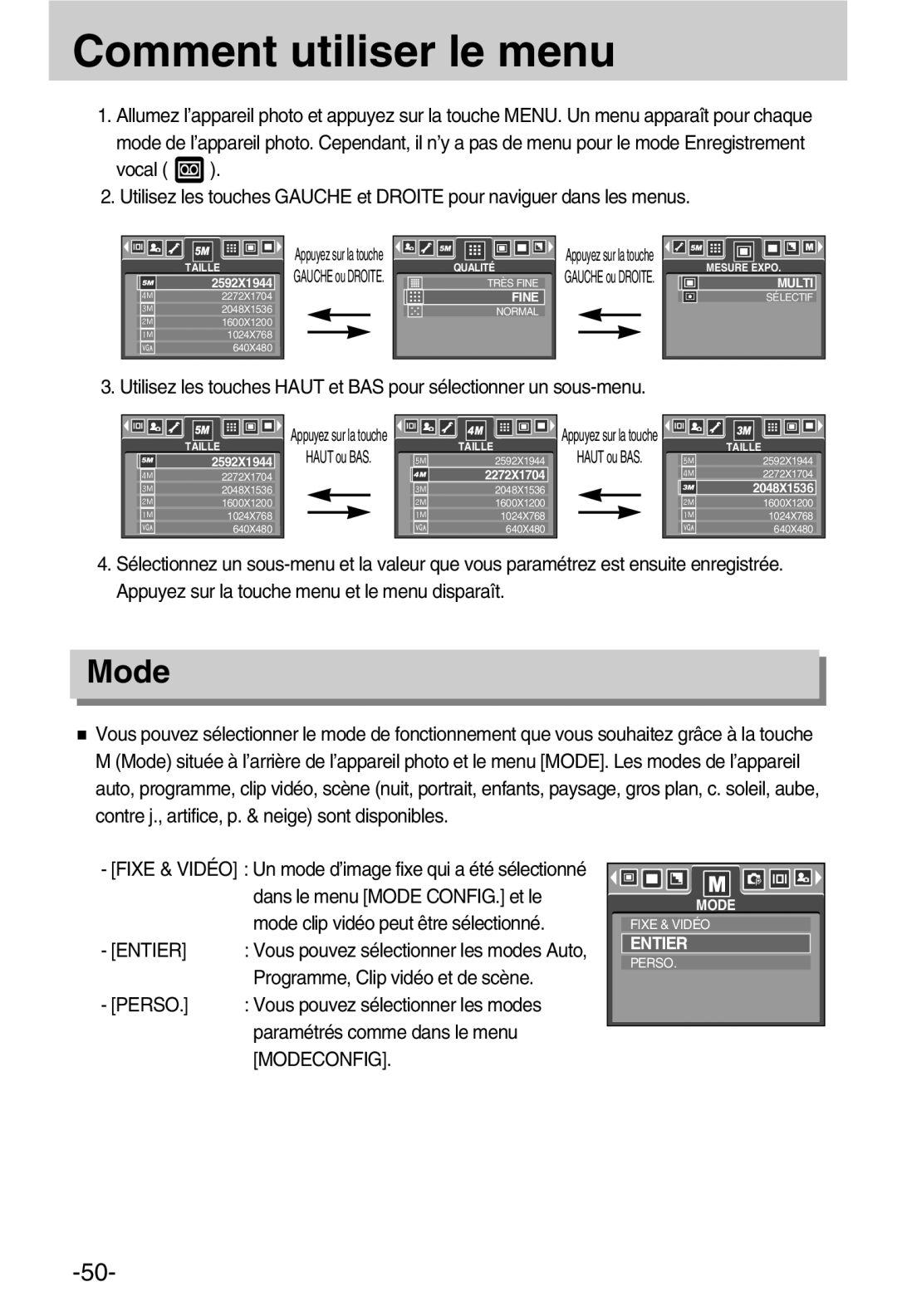 Samsung EC-A50ZZSBA/FR manual Comment utiliser le menu, Programme, Clip vidéo et de scène, Modeconfig 