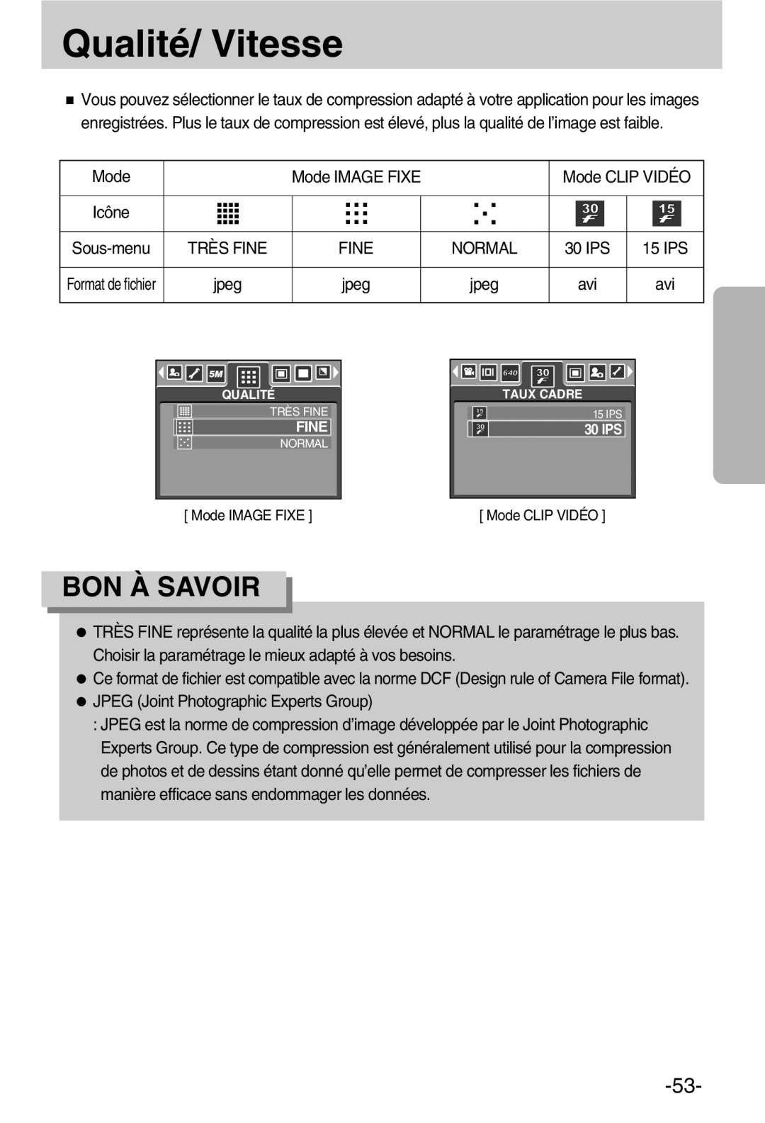 Samsung EC-A50ZZSBA/FR manual Qualité/ Vitesse, 30 IPS, Avi 