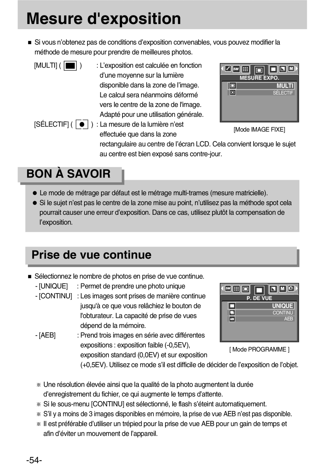 Samsung EC-A50ZZSBA/FR manual Mesure dexposition, Prise de vue continue, Multi, Unique 