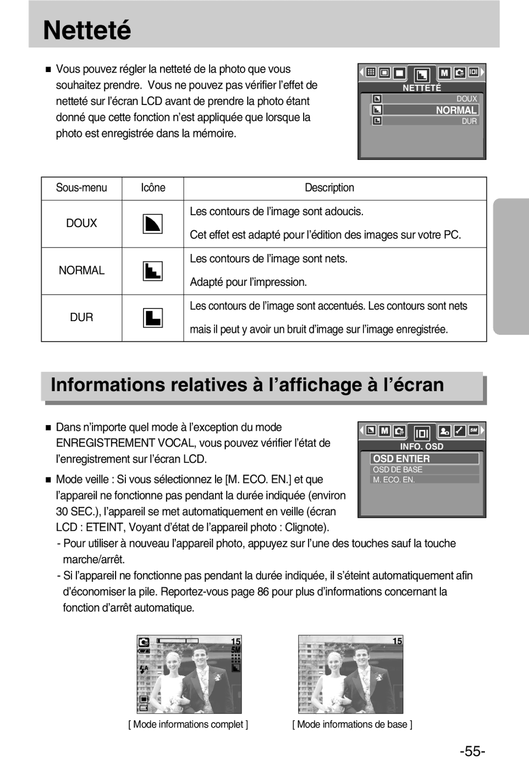 Samsung EC-A50ZZSBA/FR manual Netteté, Informations relatives à l’affichage à l’écran, Doux 