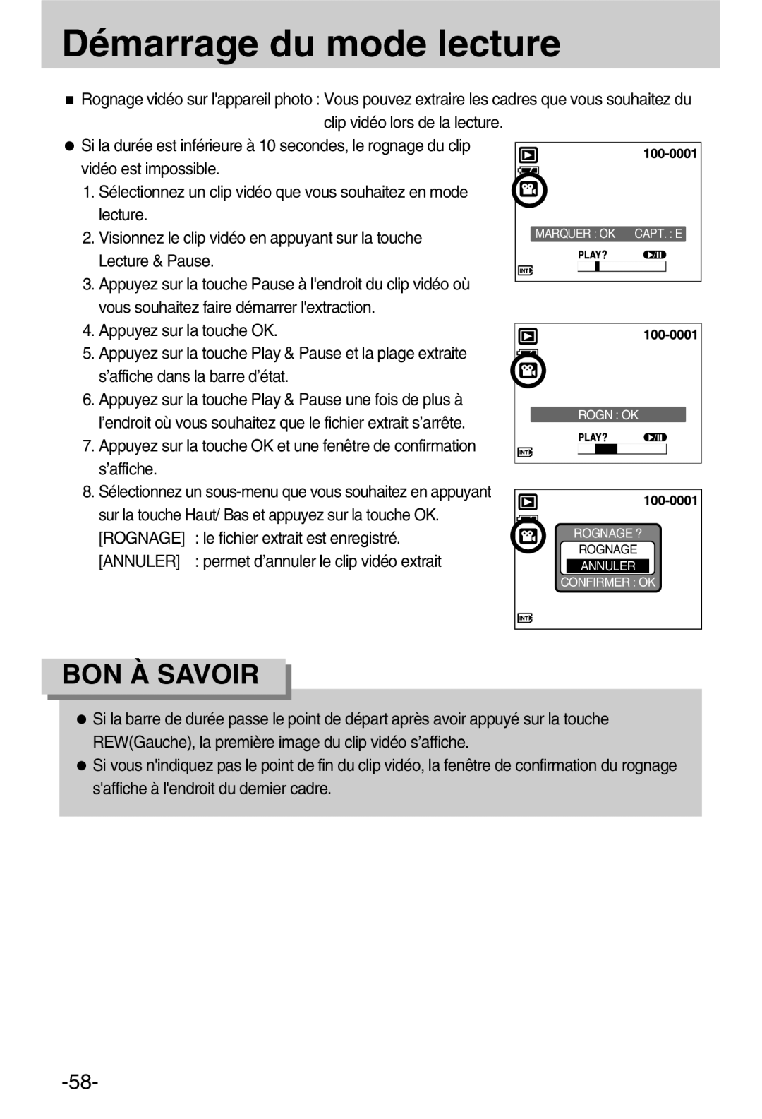 Samsung EC-A50ZZSBA/FR manual Rognage, Le fichier extrait est enregistré, Annuler, Permet d’annuler le clip vidéo extrait 