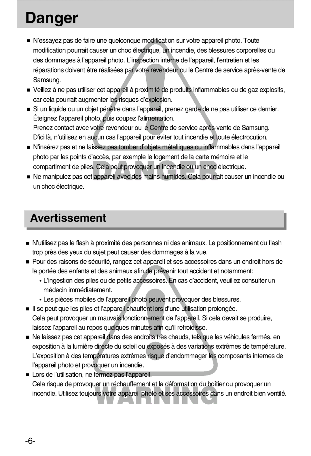 Samsung EC-A50ZZSBA/FR manual Avertissement, Lors de l’utilisation, ne fermez pas l’appareil 