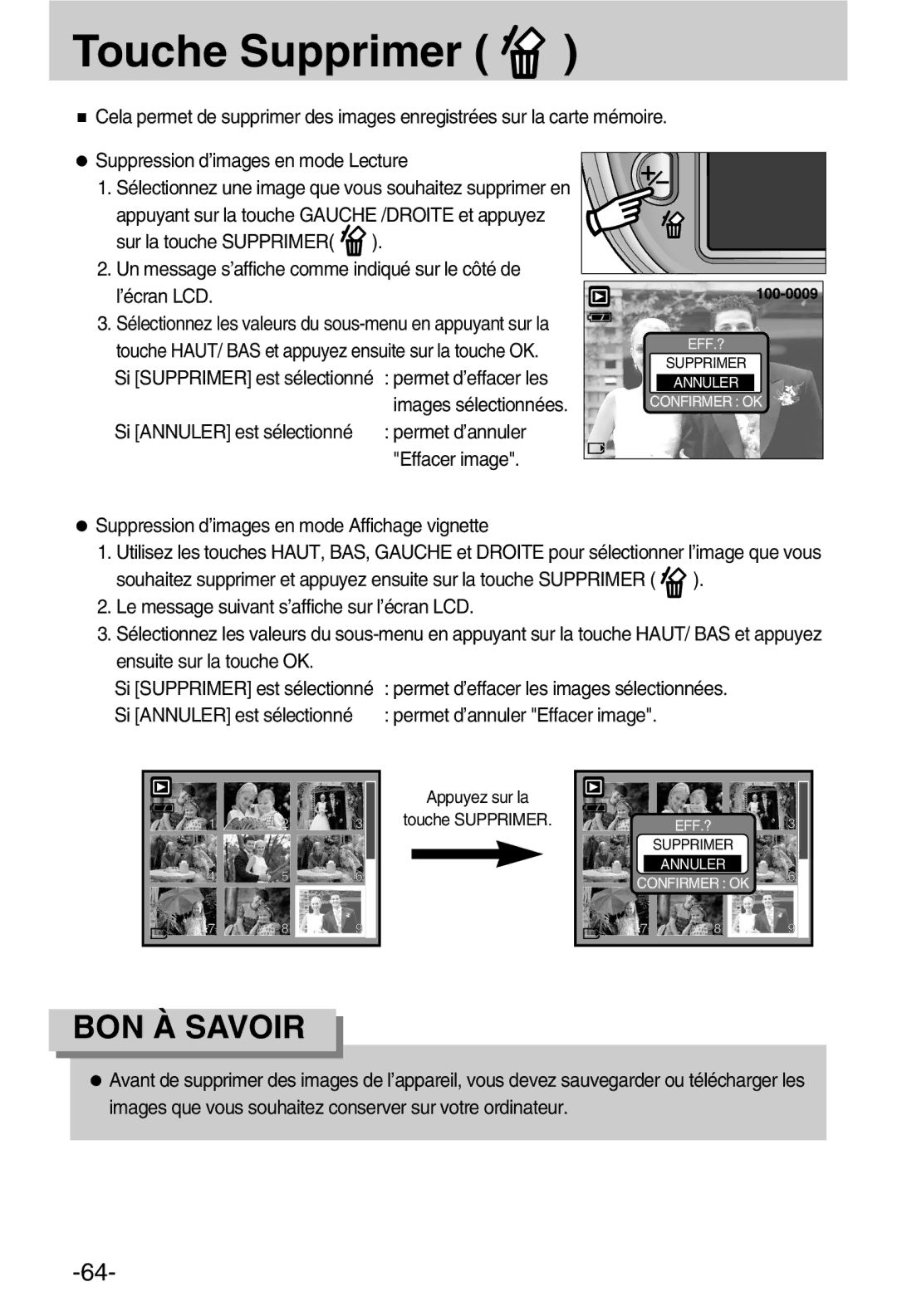 Samsung EC-A50ZZSBA/FR manual Touche Supprimer, Images sélectionnées, Suppression d’images en mode Affichage vignette 