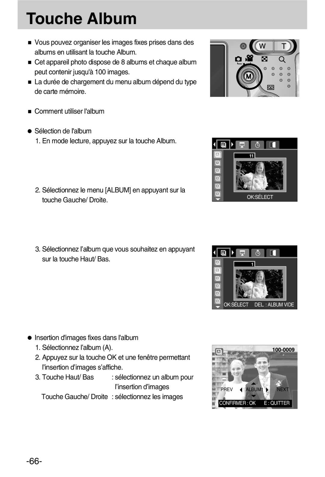 Samsung EC-A50ZZSBA/FR manual Touche Album, ’insertion d’images, Sélectionnez les images 