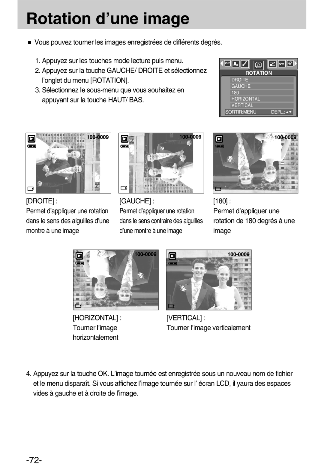 Samsung EC-A50ZZSBA/FR manual Rotation d’une image, Horizontal Vertical, Tourner l’image 