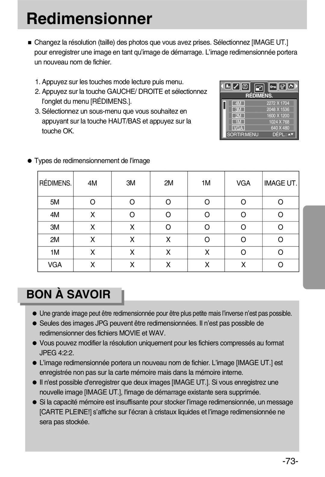 Samsung EC-A50ZZSBA/FR manual Redimensionner, Types de redimensionnement de l’image, VGA Image UT 