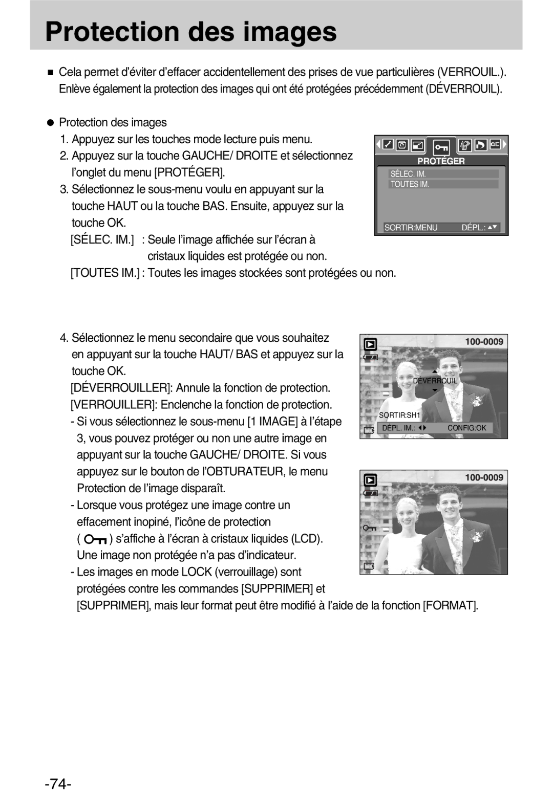 Samsung EC-A50ZZSBA/FR Protection des images, ’onglet du menu Protéger, Sélectionnez le sous-menu voulu en appuyant sur la 