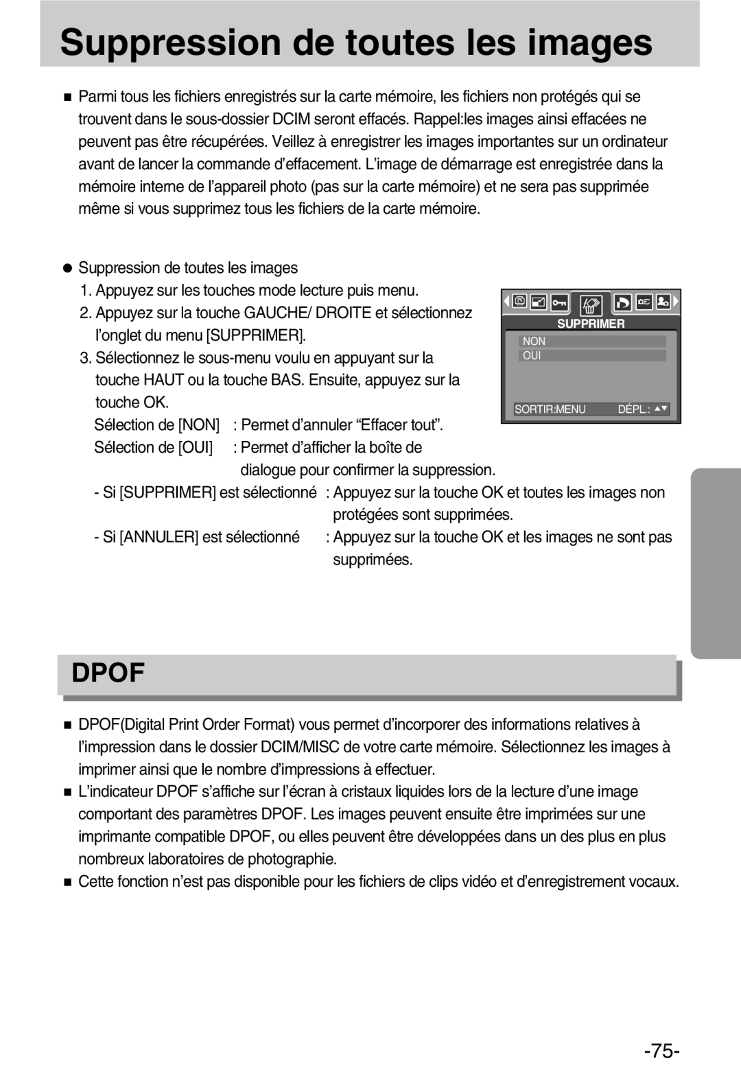 Samsung EC-A50ZZSBA/FR manual Suppression de toutes les images, ’onglet du menu Supprimer 