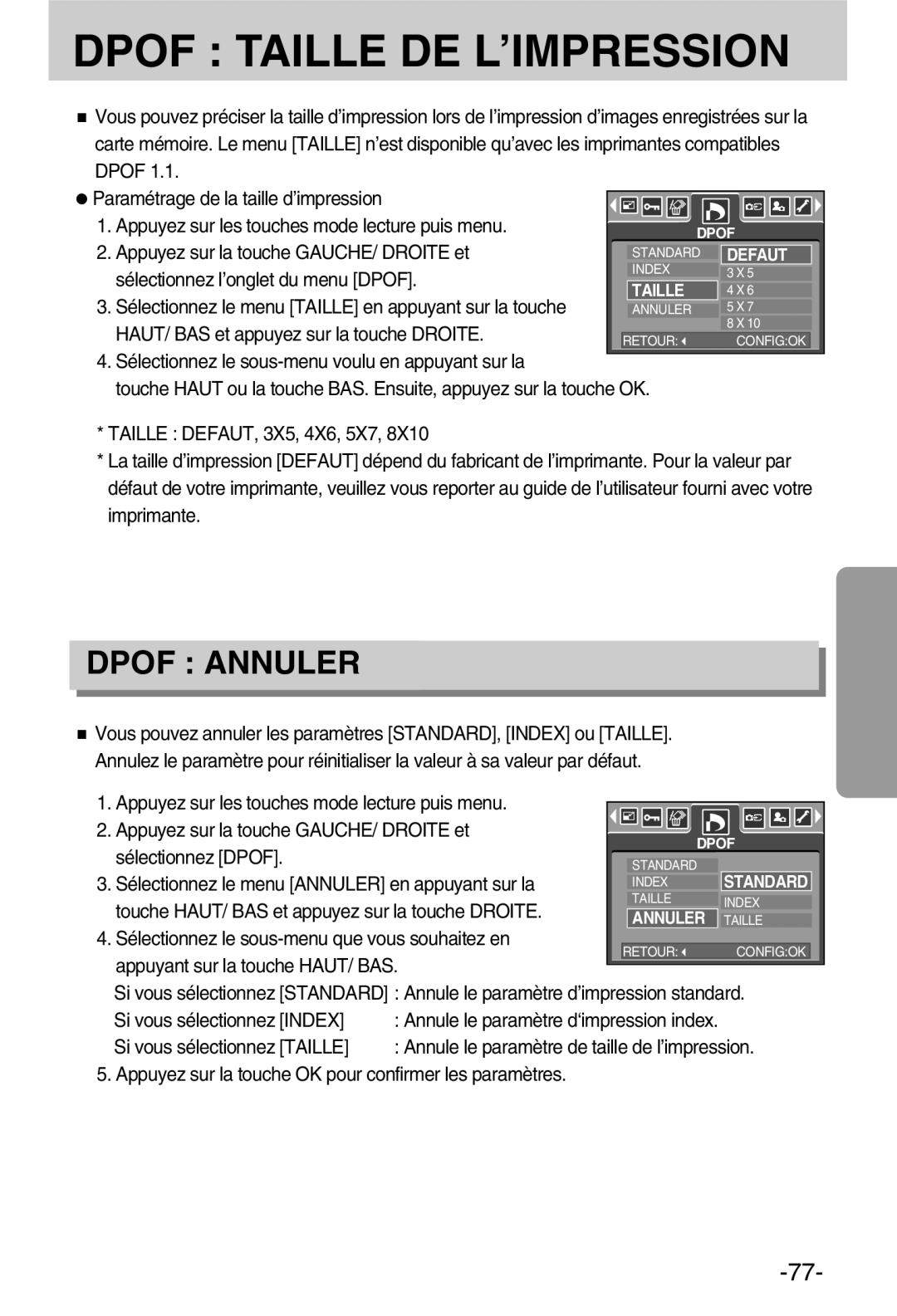 Samsung EC-A50ZZSBA/FR Sélectionnez le menu Annuler en appuyant sur la, Touche HAUT/ BAS et appuyez sur la touche Droite 