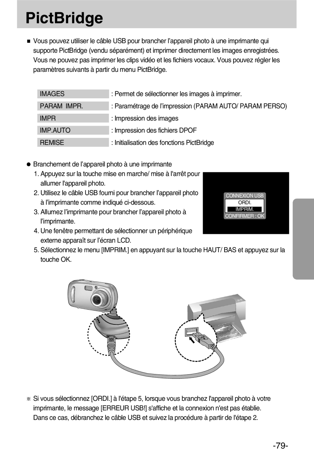 Samsung EC-A50ZZSBA/FR manual PictBridge, Images, Param Impr 