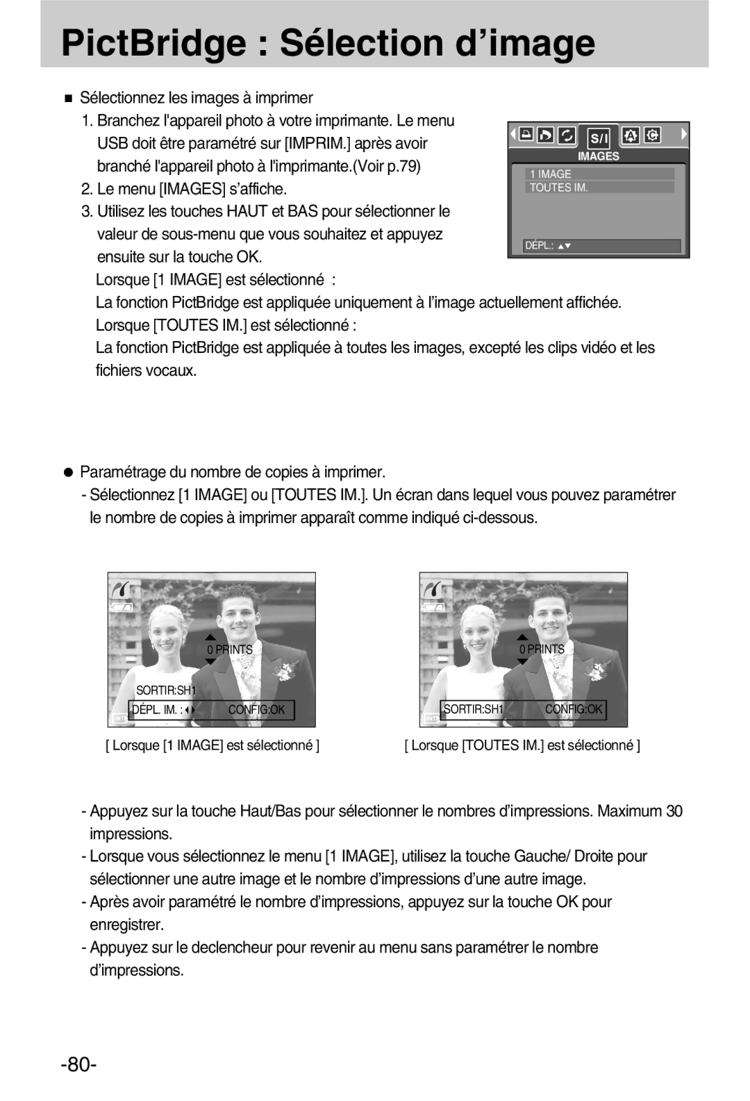 Samsung EC-A50ZZSBA/FR manual PictBridge Sélection d’image, Sélectionnez les images à imprimer 