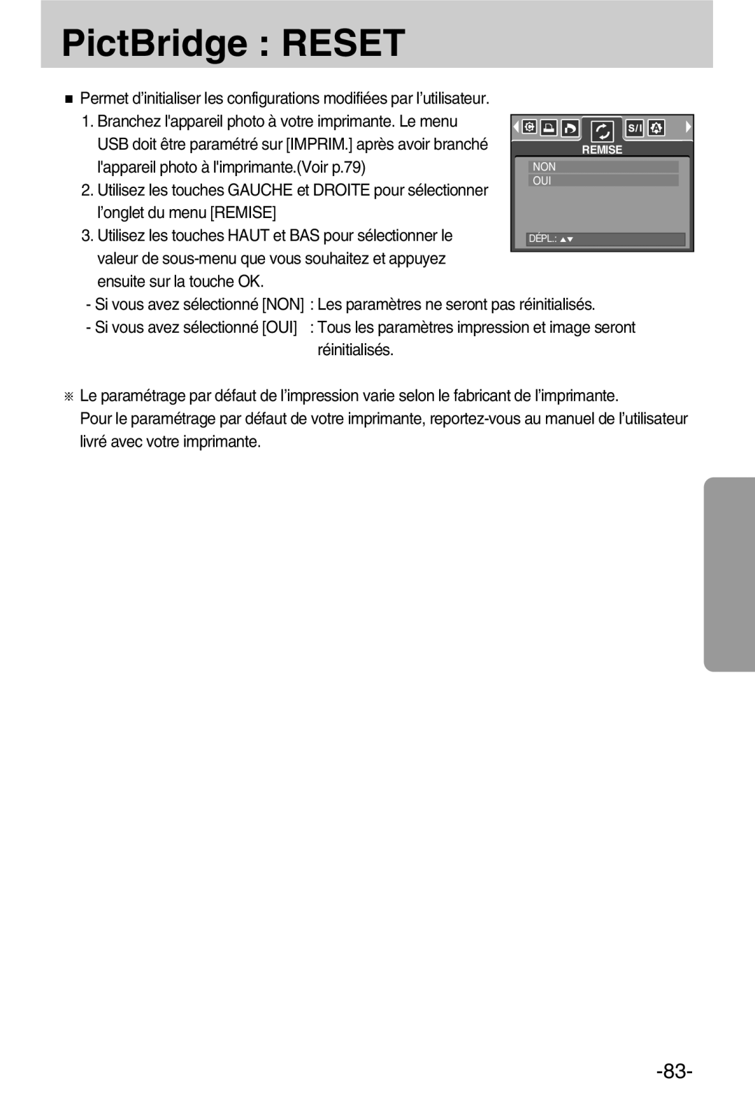 Samsung EC-A50ZZSBA/FR manual PictBridge Reset 