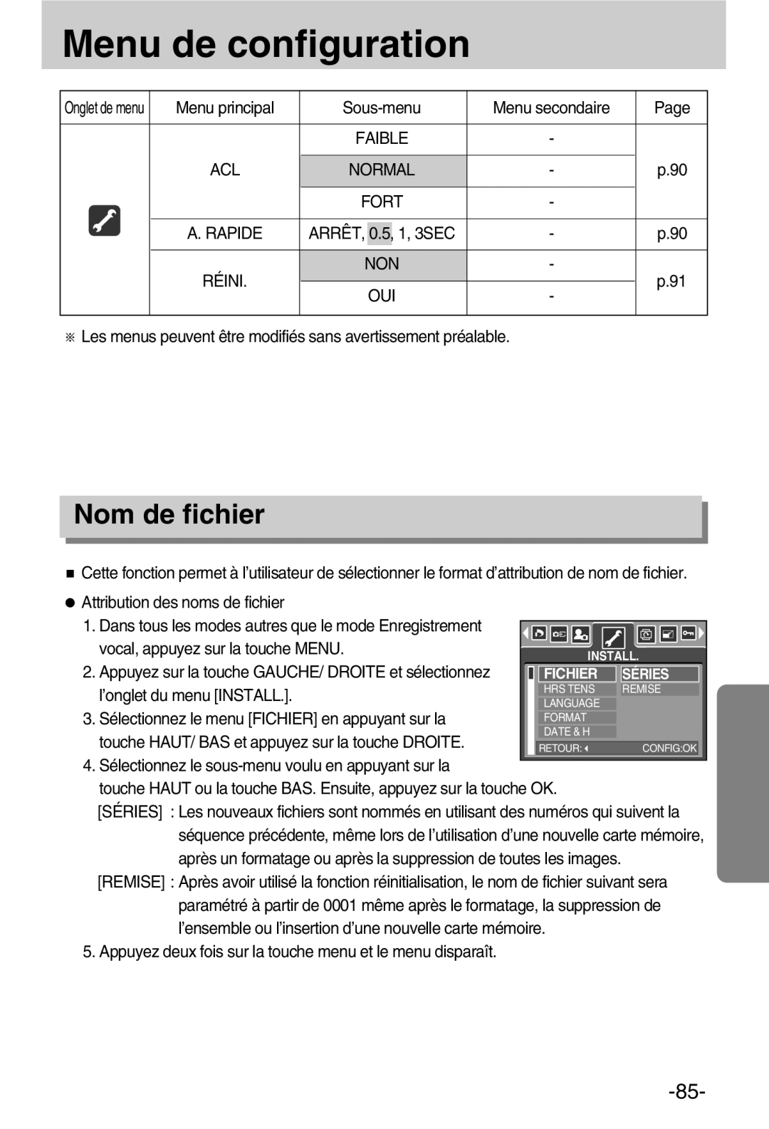 Samsung EC-A50ZZSBA/FR manual Nom de fichier, Fort, Réini NON OUI 