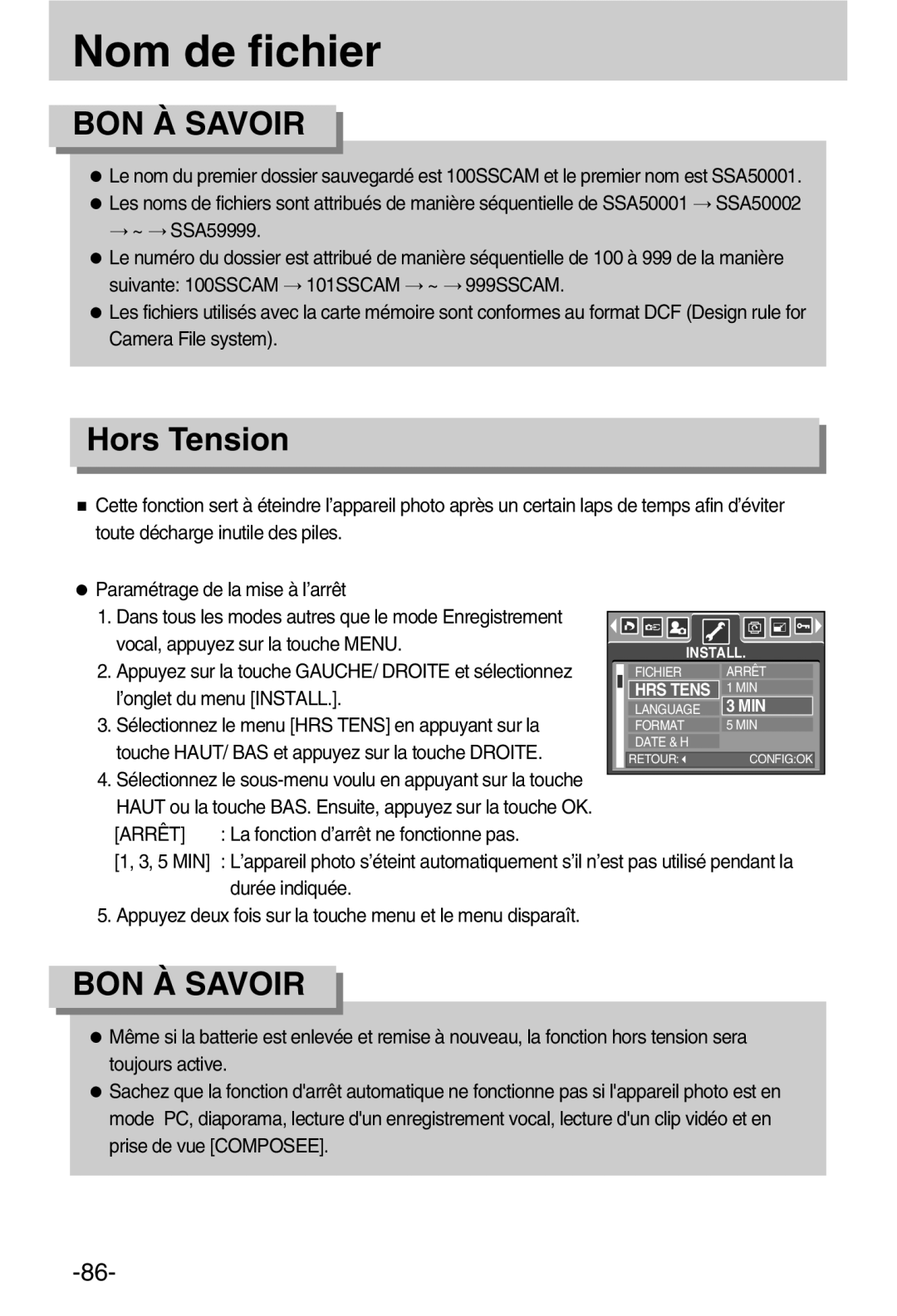 Samsung EC-A50ZZSBA/FR manual Nom de fichier, Hors Tension, La fonction d’arrêt ne fonctionne pas, 5 MIN, Durée indiquée 