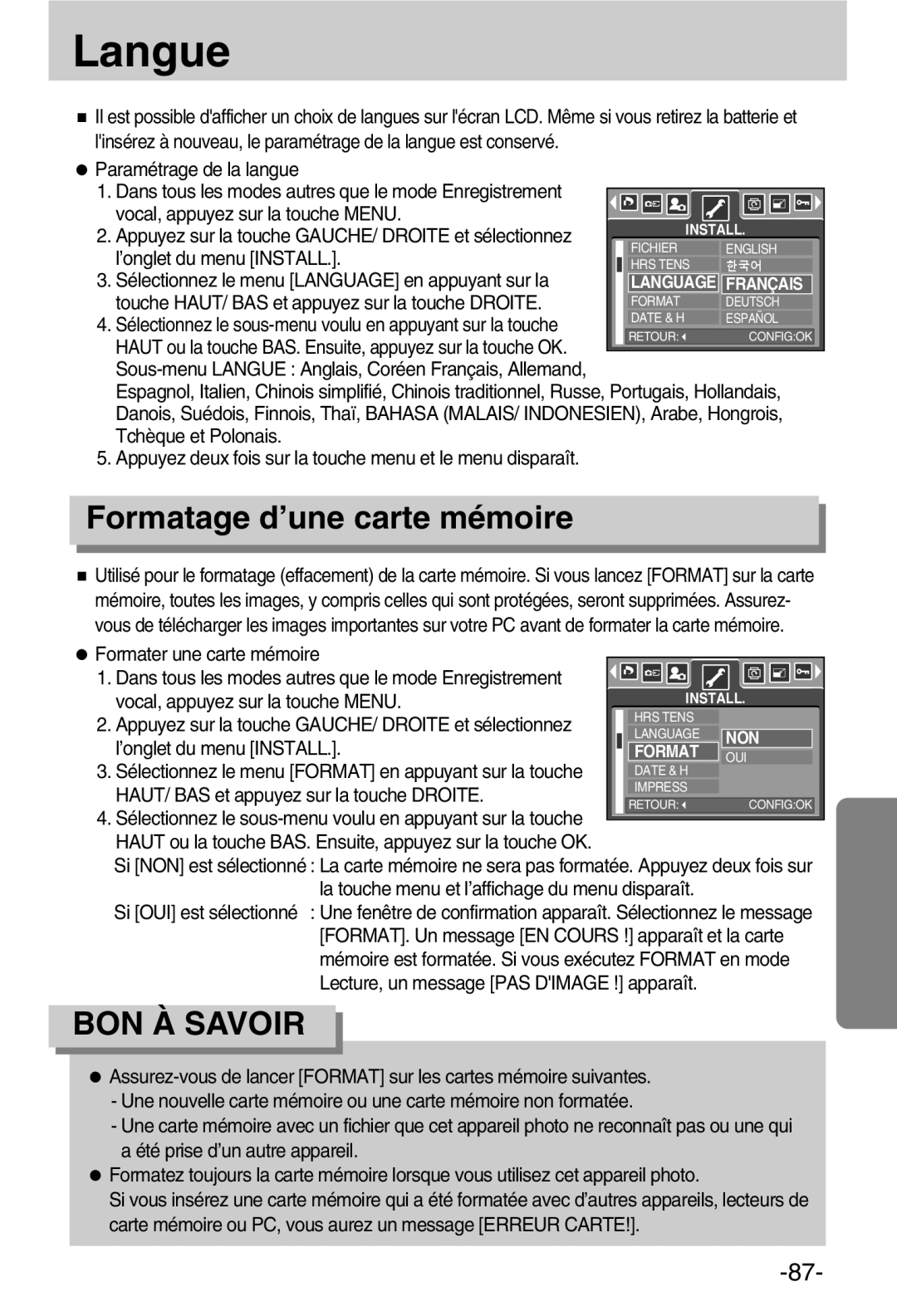 Samsung EC-A50ZZSBA/FR manual Langue, Formatage d’une carte mémoire 