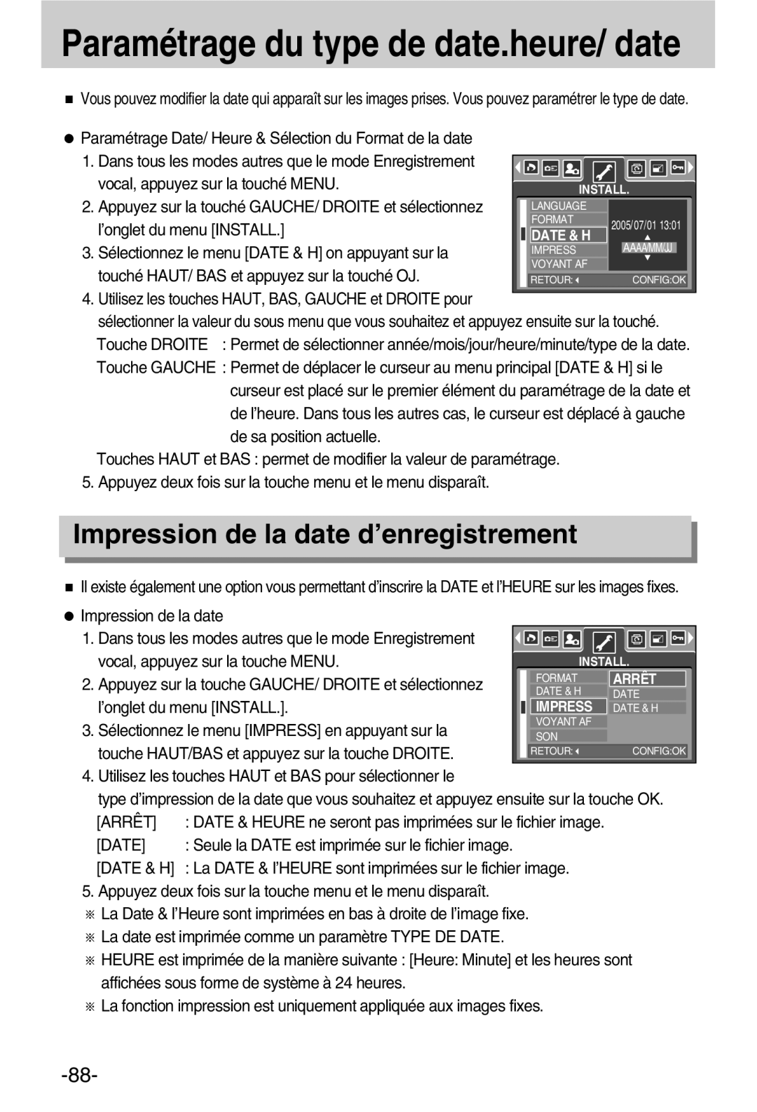 Samsung EC-A50ZZSBA/FR manual Impression de la date d’enregistrement, Utilisez les touches HAUT, BAS, Gauche et Droite pour 