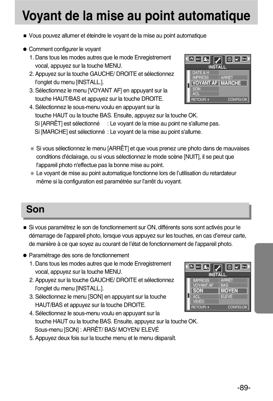 Samsung EC-A50ZZSBA/FR manual Voyant de la mise au point automatique, Son 