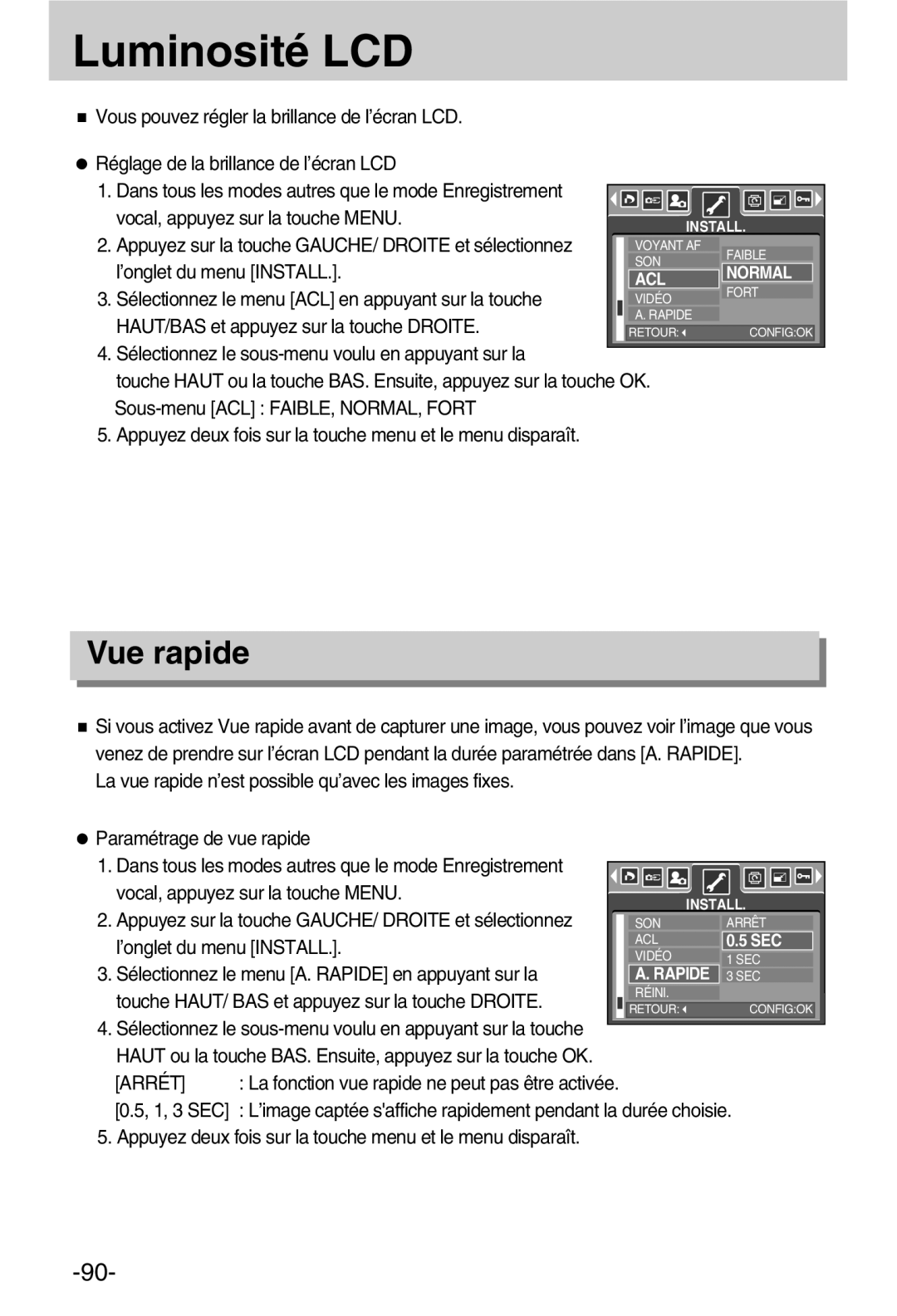 Samsung EC-A50ZZSBA/FR manual Luminosité LCD, Vue rapide, Arrét 