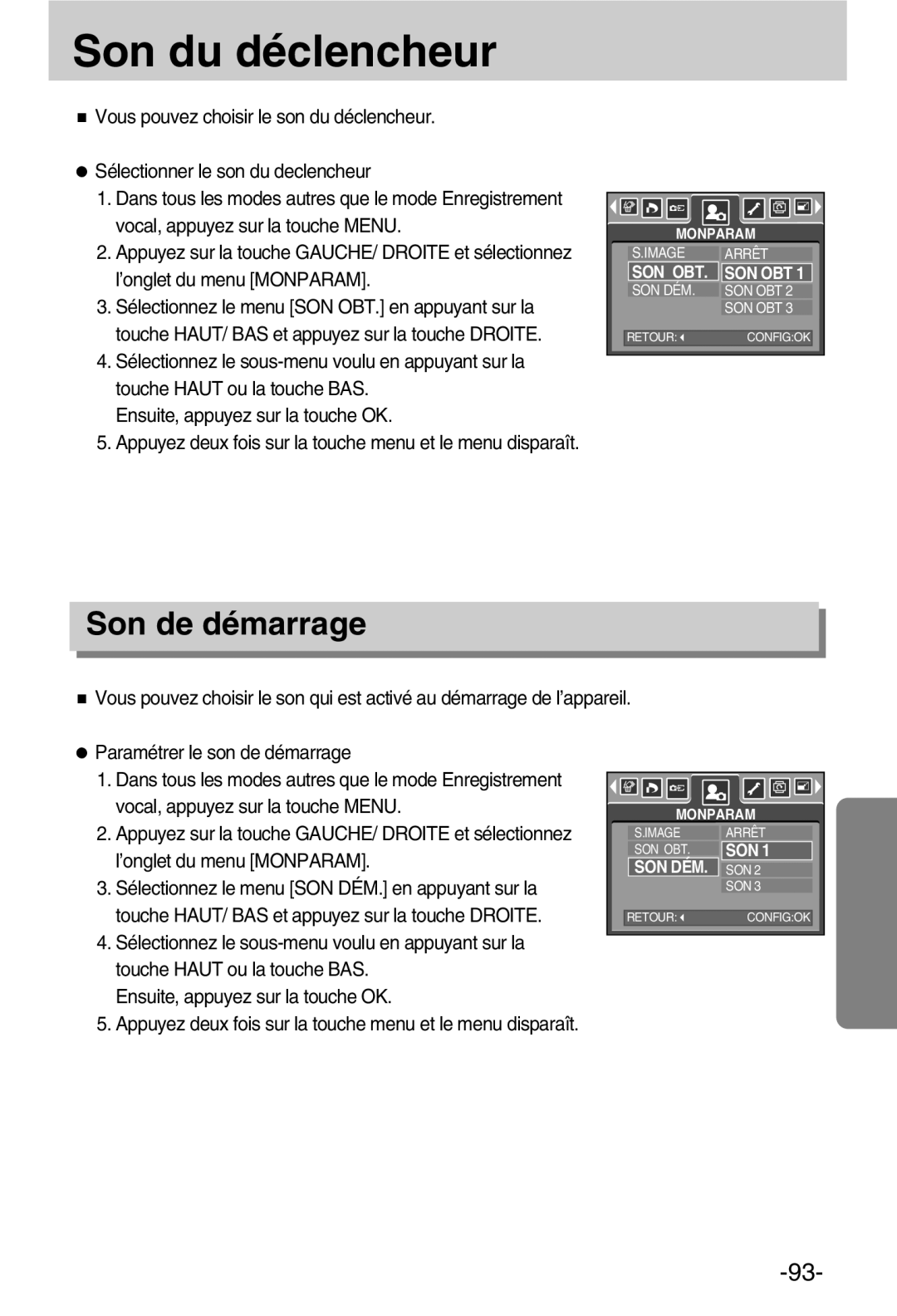 Samsung EC-A50ZZSBA/FR manual Son du déclencheur, Son de démarrage 