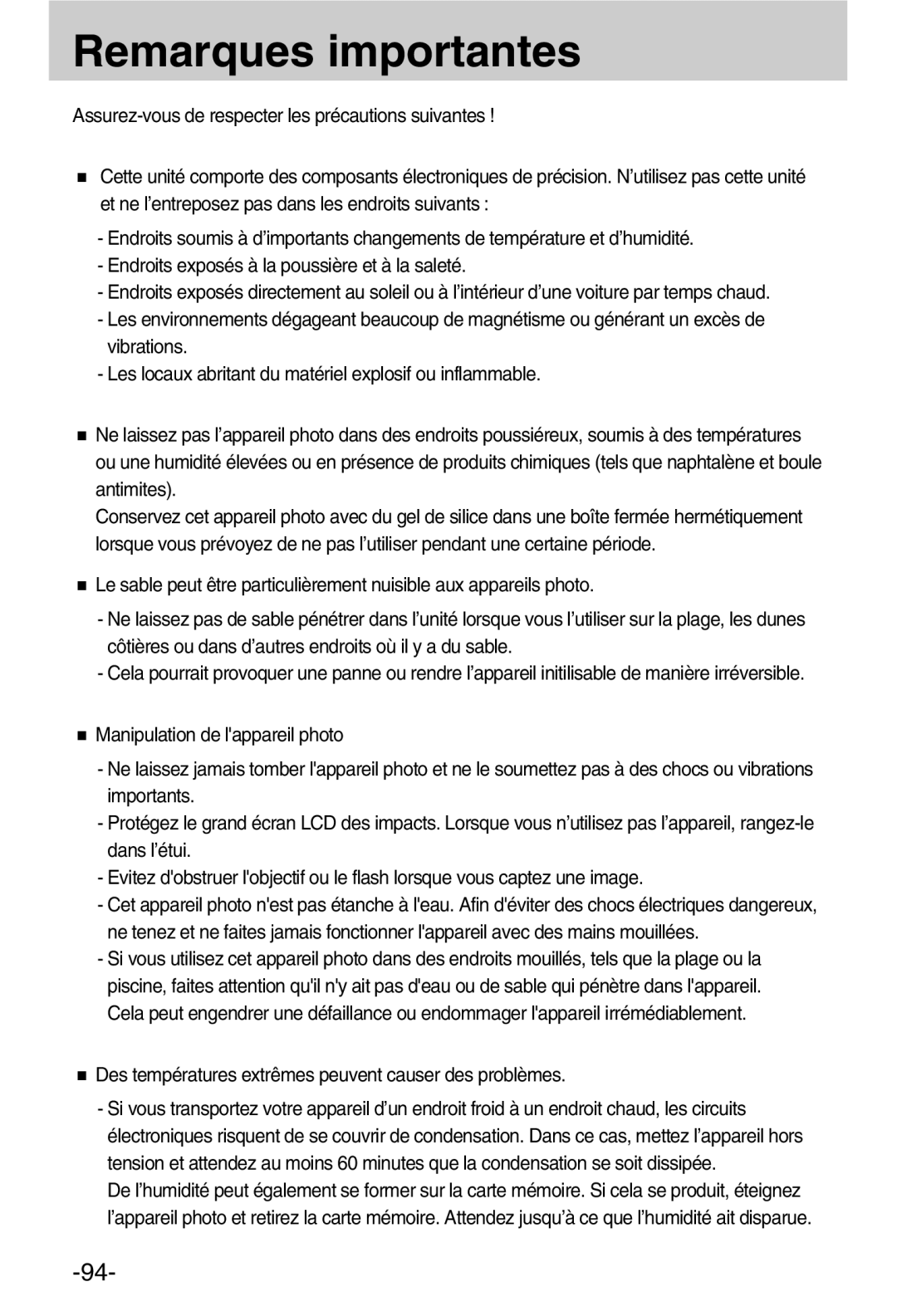 Samsung EC-A50ZZSBA/FR manual Remarques importantes, Des températures extrêmes peuvent causer des problèmes 