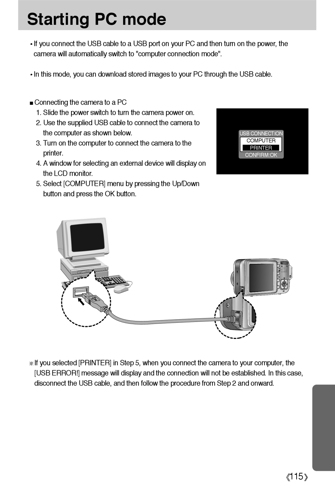 Samsung EC-A55WZSBB/E1, EC-A55WZBBA/E1, EC-A55WZSBA/US, EC-A55WZSBA/E1, EC-A55WZSAA manual Starting PC mode 