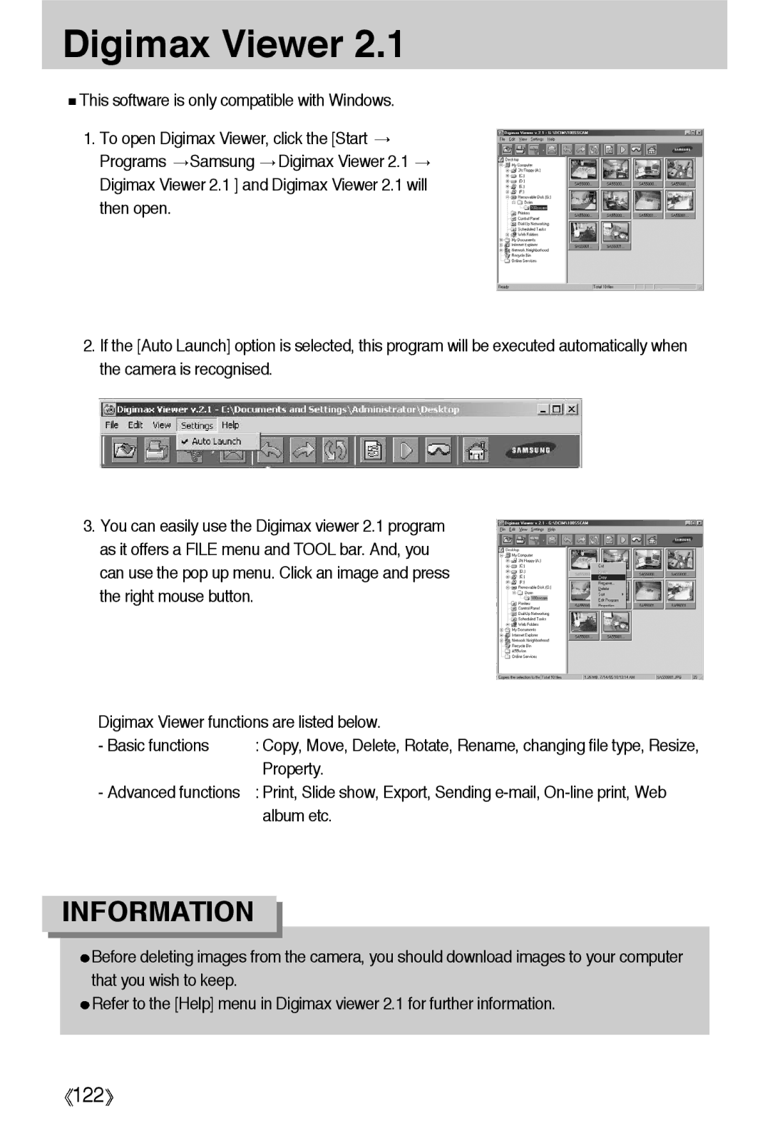 Samsung EC-A55WZSBA/US, EC-A55WZSBB/E1, EC-A55WZBBA/E1, EC-A55WZSBA/E1, EC-A55WZSAA manual Digimax Viewer, Property, Album etc 