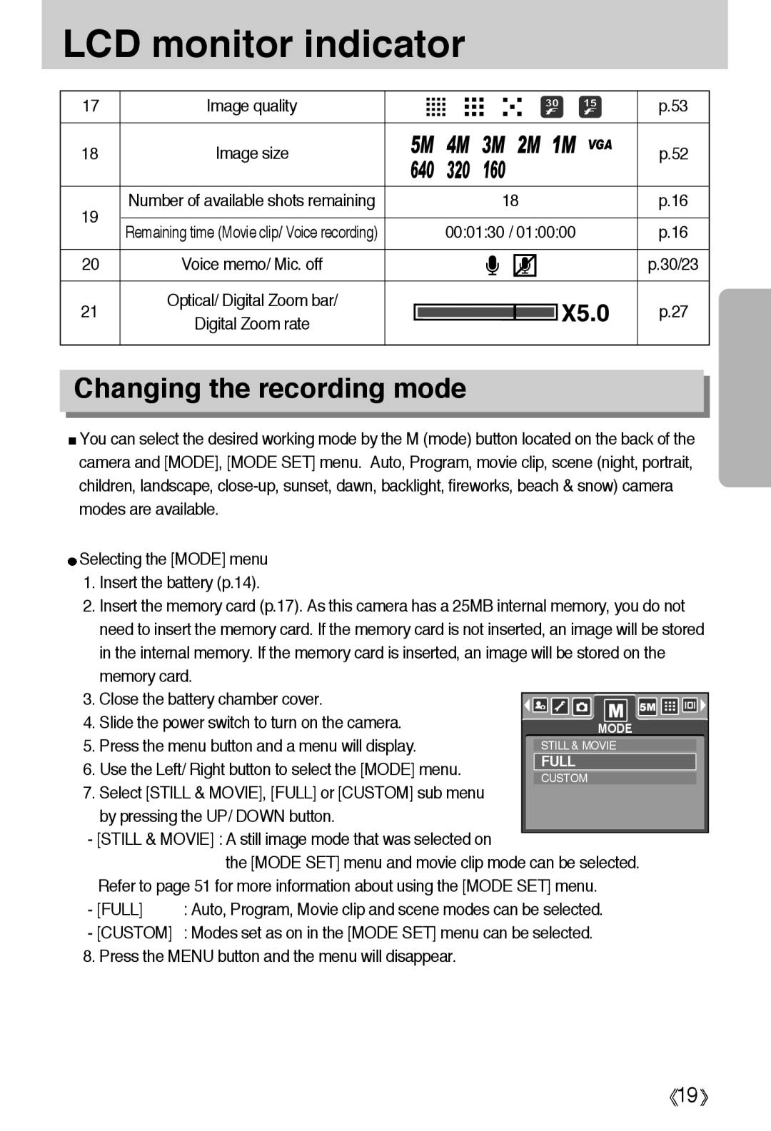 Samsung EC-A55WZSAA manual Changing the recording mode, 000130, Press the menu button and a menu will display, Full 